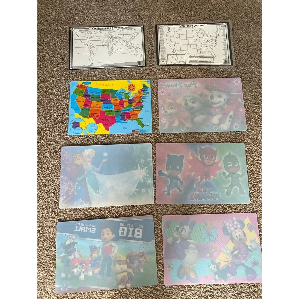 Lot of 8 Kids Educational & Character Placemats Tot Talk USA World Map Disney